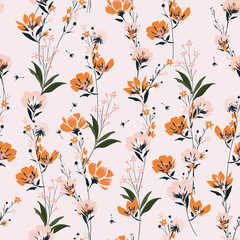 Wall Mural - Sweet pastel  meadow Floral pattern in the blooming botanical  Motifs scattered random. Seamless vector texture. For fashion prints. Printing with in hand drawn style