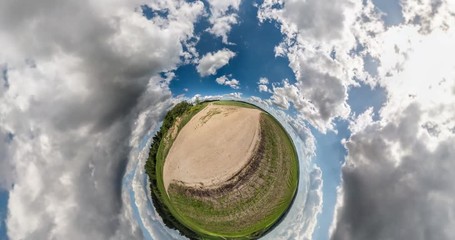 Wall Mural - little planet transformation. full flyby panorama landscape in forest in sunny day with awesome clou