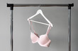 © Magryt - Pink bra hanging on a hanger. Textile, Underwear. Female bra in lingerie underwear store. Advertise, sale, fashion concept.