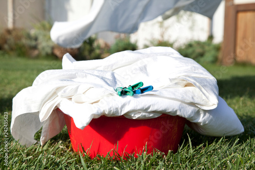 Fotografía Plastic basin with white sheets on green grass