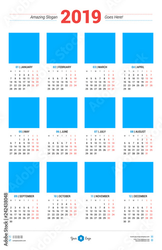 Vector Calendar Poster A3 Size For 2019 Year Week Starts On