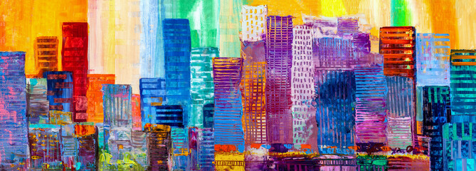 abstract painting of urban skyscrapers.