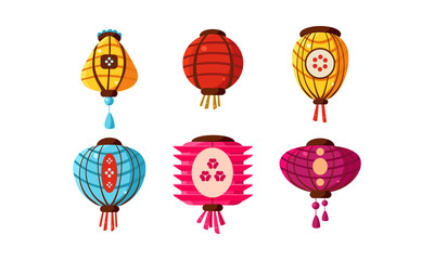 Sticker - Colorful Chinese paper lanterns set, festival design elements vector Illustration