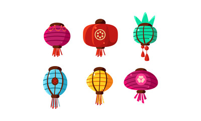 Poster - Colorful Chinese lanterns set, festival paper design elements for your design vector Illustration