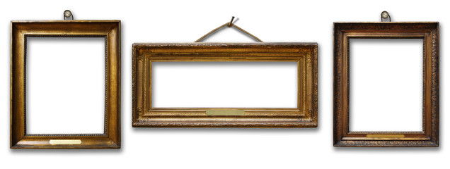 Set of three vintage golden baroque wooden frames on  isolated background