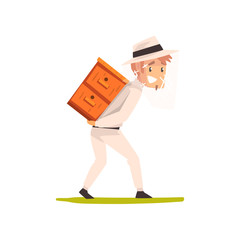 Sticker - Smiling beekeeper man carrying a beehive, apiculture and beekeeping concept vector Illustration