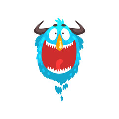 Poster - Funny horned monster, colorful fabulous cartoon creature character vector Illustration