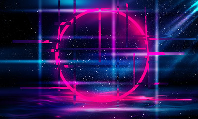 An illuminated circle with glitch and neon effect. Glow Design for Graphic Design - Banner, Poster, Flyer, Brochure, Card. 