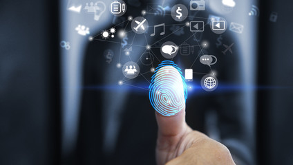 businessman login with fingerprint scanning technology. fingerprint to identify personal, security s