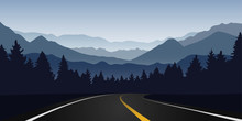 Road Curve In Forest And Mountain Landscape At Dawn Vector Illustration EPS10