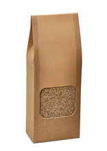White Quinoa Seeds In Blank Brown Paper Bag With Transparent Die Cut Window On White Background Including Clipping Path.