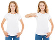 © paulcannoby - t-shirt collage woman front view, pointed on empty tshirt isolated on white
