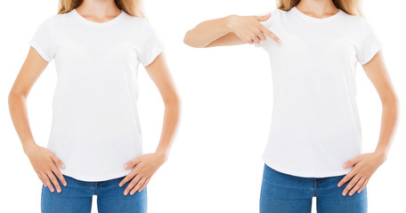 two woman t shirt iaolated, girl pointed on blank t-shirt,copy space,mock up