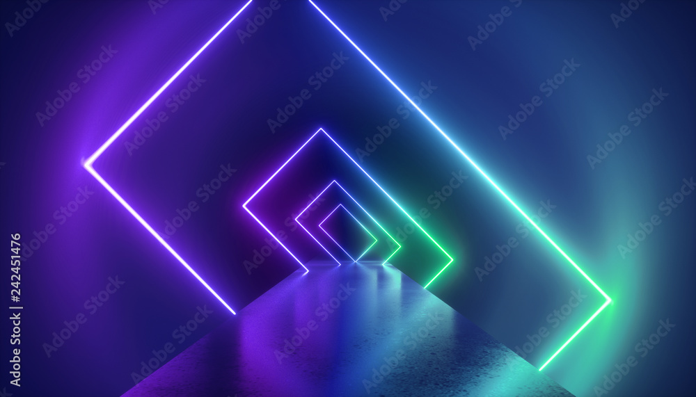 3d render, virtual reality environment, neon light, rectangular portal ...
