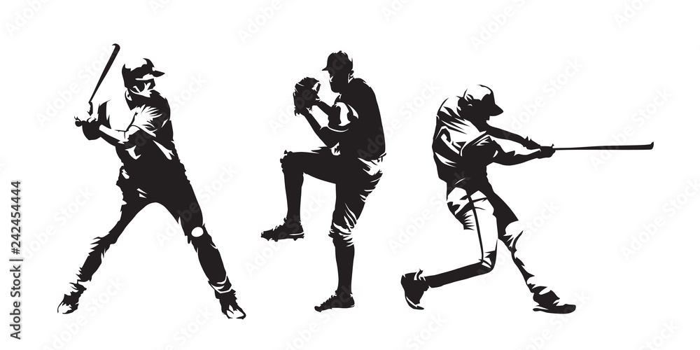 Set of baseball players vector silhouettes. Group of baseballer, isolated ink drawings - obrazy, fototapety, plakaty 