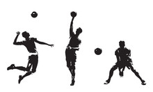Group Of Volleyball Players, Set Of Isolated Vector Silhouettes. Team Sport, Active People. Beach Volleyball