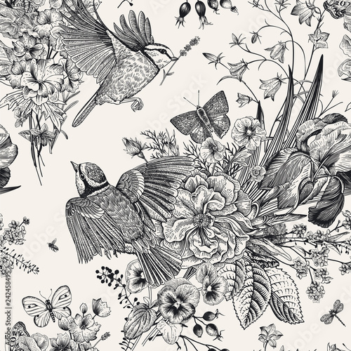 Dekoracja na wymiar  kwiatowy-wzor-cycki-kwiaty-motyle-vintage-ilustracji-botanicznych-wektor