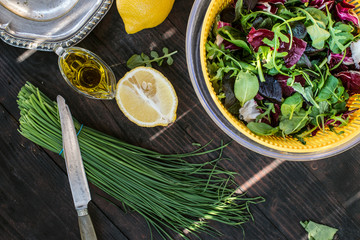 Spring green salad of baby spinach, herbs, arugula and lettuce. Dressing of yogurt, olive oil, honey and lemon.