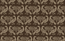 Seamless Woodblock Printed Ethnic Pattern. Traditional European Folk Motif With Ravens And Thistles, Beige On Taupe Brown Background. Textile Or Wallpaper Print.