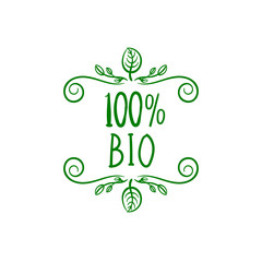 Wall Mural - Vector 100 Percents Bio Product Label Template, Green Freehand Drawing Isolated.