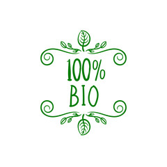 Canvas Print - Vector 100 Percents Bio Product Label Template, Green Freehand Drawing Isolated.