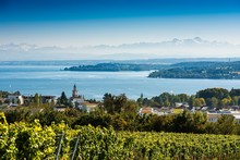 View Of Lake Constance, In The Back The Swiss Alps With Santis, Uberlingen, Baden-Wurttemberg, Germany, Europe