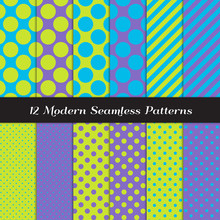 Blue, Purple And Lime Green Mixed Polka Dots And Diagonal Stripes Seamless Vector Patterns. Perfect For Kids Monster Theme Party Decor. Repeating Pattern Tile Swatches Included.