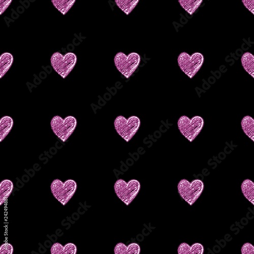 Hearts seamless pattern. Pink glitter on black background