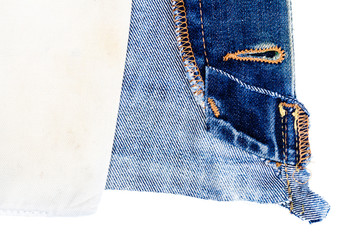 Closeup of blue jeans fabric with pocket. Wrong side