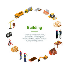 Sticker - Construction Building Concept Banner Card Circle 3d Isometric View. Vector