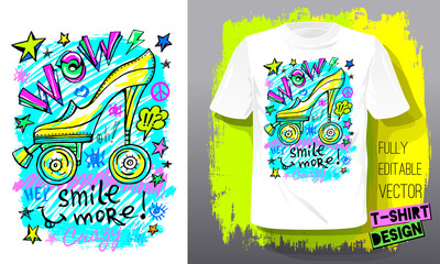 Wall Mural - Wow rollers skates shoes. Trendy t-shirt template, fashion t shirt design, bright, summer, cool slogan lettering. Color pencil, marker, ink, pen doodles sketch style. Hand drawn illustration vector.