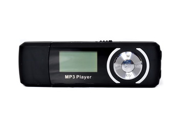 Wall Mural - Front view of black digital portable mp3 player with display on white background. Isolated