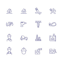 Wall Mural - Building works line icon set. Engineer, excavator, drill, house. Construction concept. Can be used for topics like site, architecture, home repair