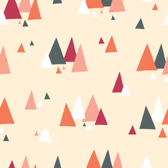 Wall Mural - Triangle mountains seamless vector pattern in scandinavian style. Decorative background with landscape elements. Abstract texture gray, coral, red, beige, white. Use for fabric, digital paper, decor.