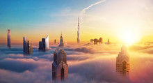 Dubai Sunset View Of Downtown Covered With Clouds