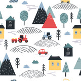 Scandinavian style. Seamless village pattern with cute cars, houses, mountains.