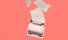 3D Render Illustration Of Flying  Vintage Typewriter With Paper Sheets, Space For Text