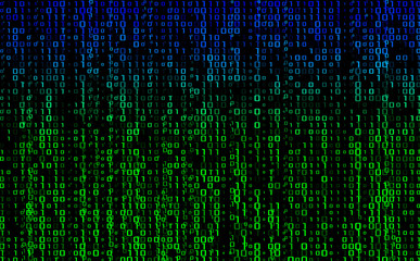Canvas Print - Stream binary matrix code on screen. computer matrix numbers. The concept of coding, crypto exchange, hacking or mining cryptocurrency in bitcoins.