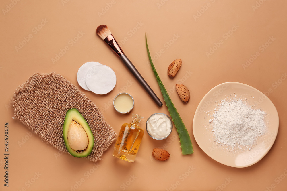 Composition with natural ingredients for facial mask on color background