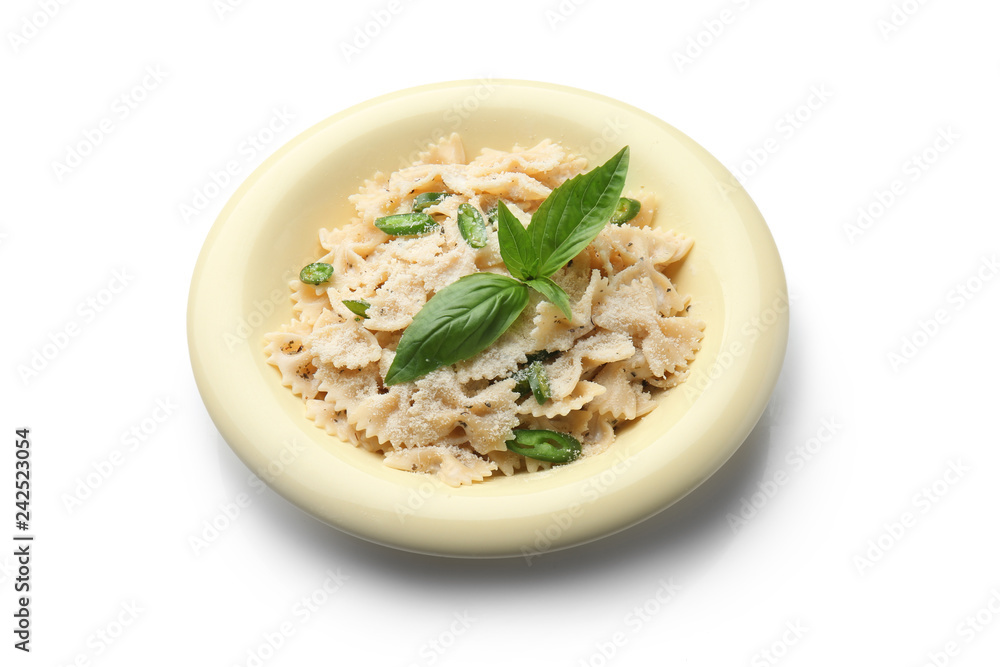 Plate with tasty pasta on white background