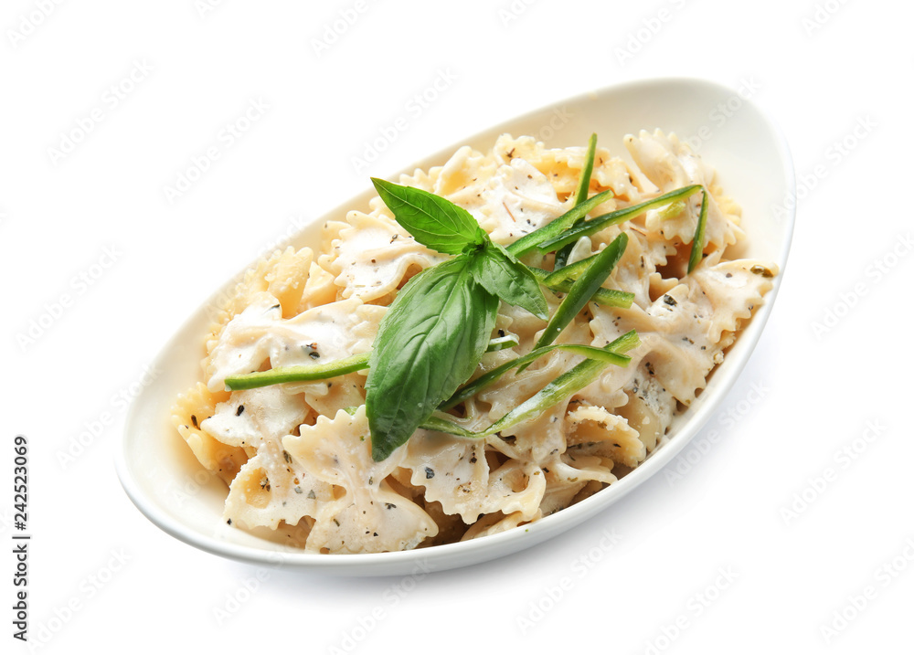 Plate with tasty pasta on white background
