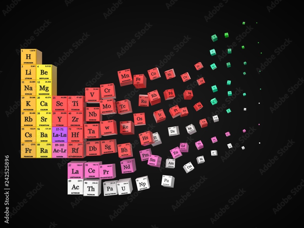 Dissolving Table dissolving periodic table on black background. cubes colored by element ...