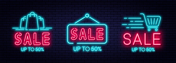 Wall Mural - Sale neon sign, sale and discount concept. Set of glowing neon signs for e-commerce, advertisement, banner, billboard