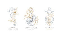 Set Of Nautical Logos. Seahorse, Shell And Anchor Entwined With Algae And Flowers. Marine Logos Concept On Grunge Background. Hand Drawn Vector Illustrations.