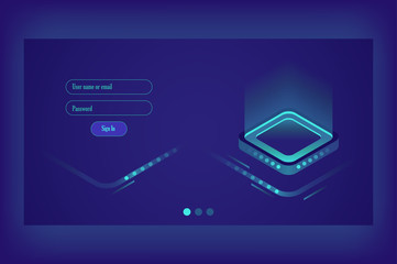 Stream of encoded data. Isometric information technologies. Big data representation. Graphic concept of hi tech ultraviolet