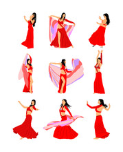 Belly Dancer Woman Coquette Vector Illustration Isolated On Background. Traditional Arab Entertainment Oriental Dance. Sensual Movement Erotic Lady. Middle East Culture. Sheikh Amusement In Harem 