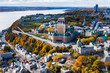 Aerial view of Quebec City showing architectural landmark Frontenac Castle in the Fall season, Quebec, Canada.
