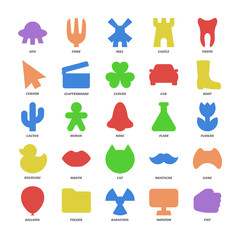 Wall Mural - Basic design icons set. Simple shapes of mustache, game, controller, balloon, folder, radiation, monitor, fist, flying saucer, fork, mill, castle, tooth, cursor, clapperboard, clover, car, boot.