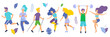 Healthy lifestyle. Different physical activities: running, roller skates, dancing, bodybuilding, yoga, fitness, scooter, nordic walking. Flat vector illustration.