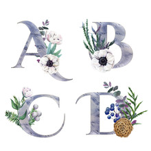 Decorative Floral Alphabet With Silver Letters And Watercolor Botanical Decoration.